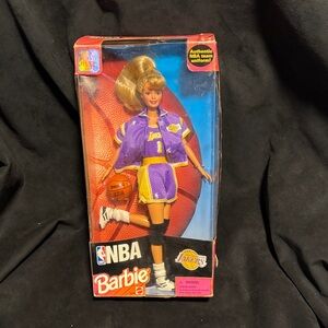 1998 Laker Girl Barbie NBA Doll and Spaulding Ball Purple and Yellow Uniform